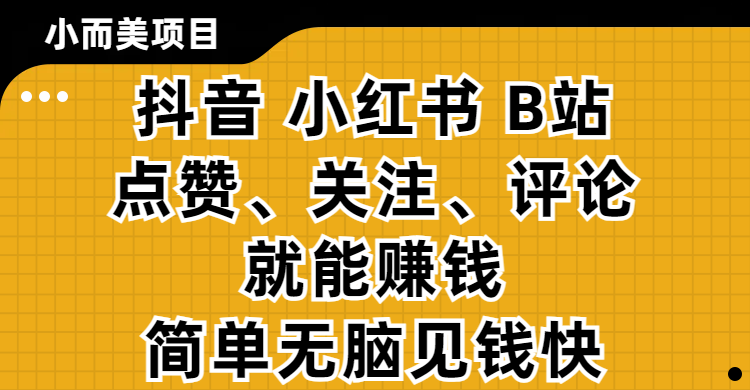 小而美的项目，抖音、小红书、B站视频点赞、关注、评论就能赚钱，简单无脑立见收益!妥妥的零撸项目-屿汉资源站