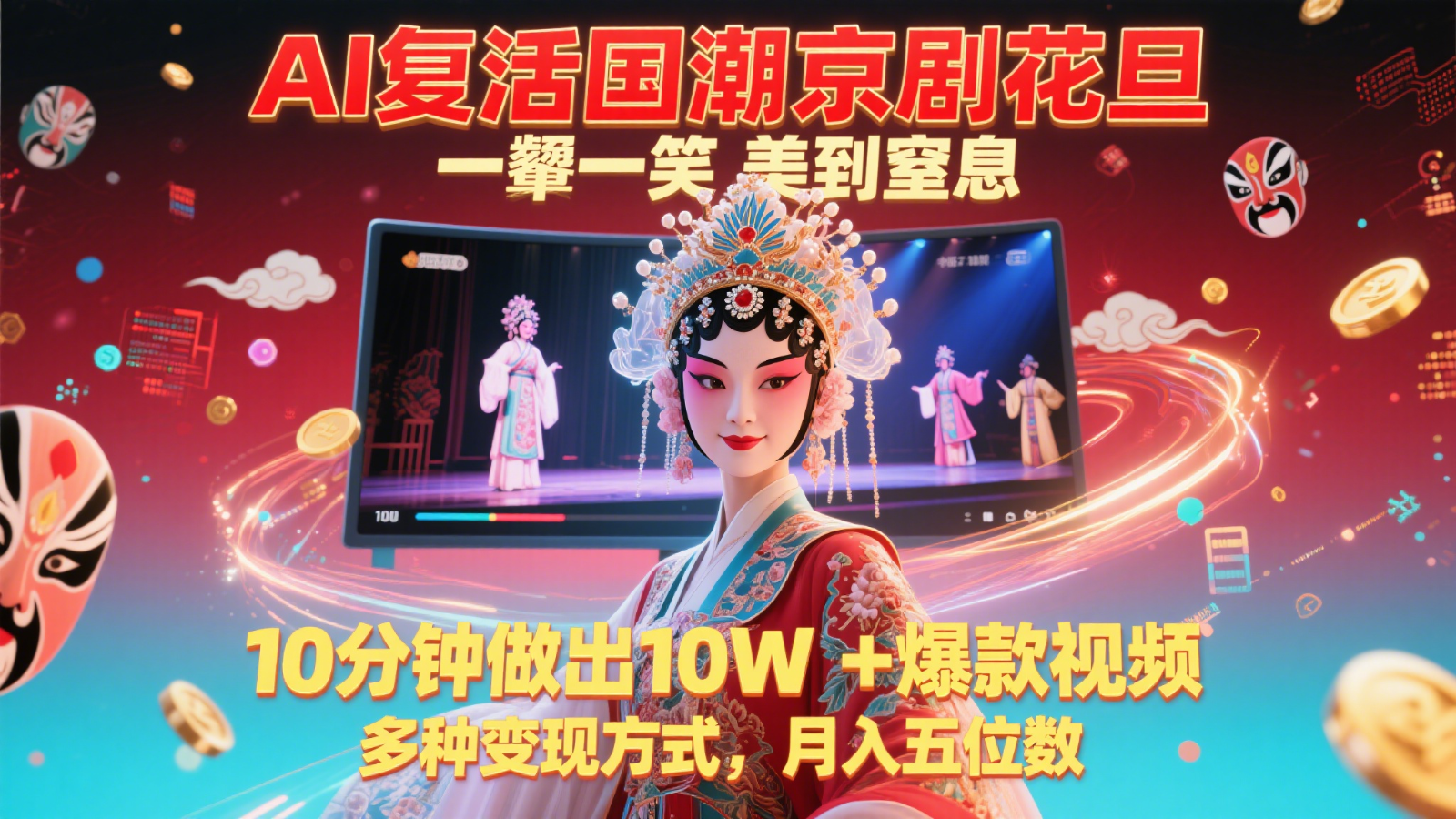 AI复活国潮京剧花旦，一颦一笑美到窒息，10分钟做出10W+爆款视频，多种变现方式，…-屿汉资源站