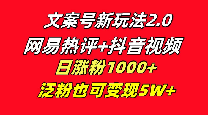文案号新玩法，网易热评+抖音文案 一周轻松涨粉 5W+ 多种变现模式-屿汉资源站